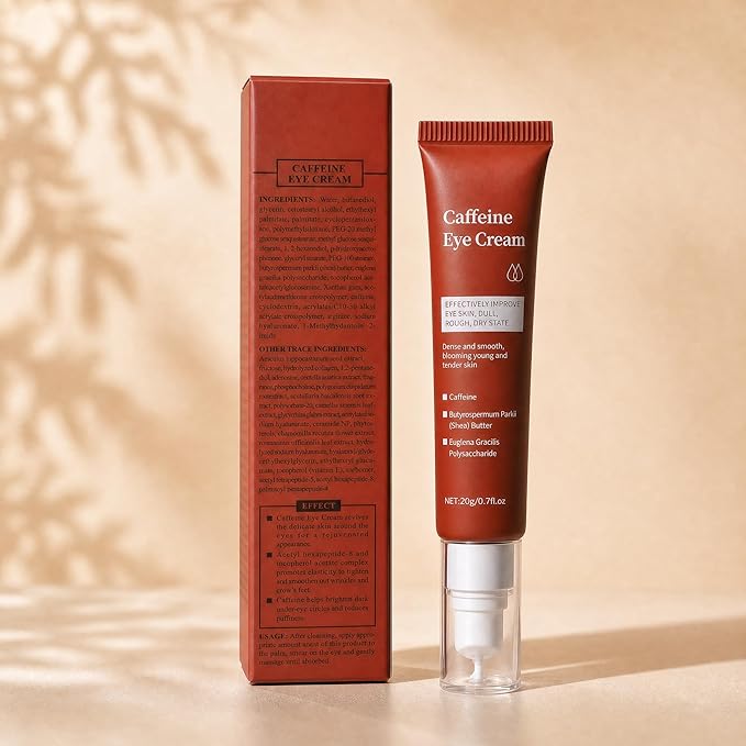 Caffeine Eye Cream, Under Eye Cream for Dark Circles Puffiness and Wrinkles Eye Bags, Multi Peptide Moisturizer Brightens Night Formula Caffeine Eyecream with Cooling Metal Tip, 0.75 fl oz