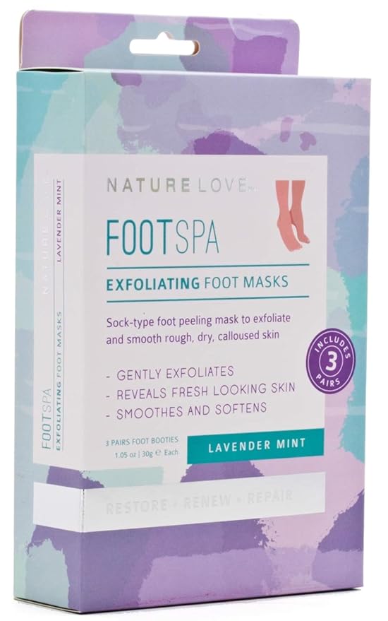 Nature Love Exfoliating Foot Mask | Lavender Mint Gently Exfoliates | Paraben Free (3 Pairs)