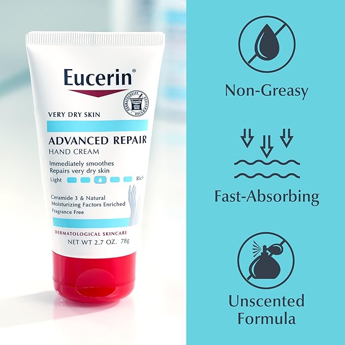 Eucerin Advanced Repair Hand Cream, Lotion for Very Dry Skin Use After Washing with Hand Soap, Fragrance Free, 2.7 oz, 12 Count (Pack of 4)
