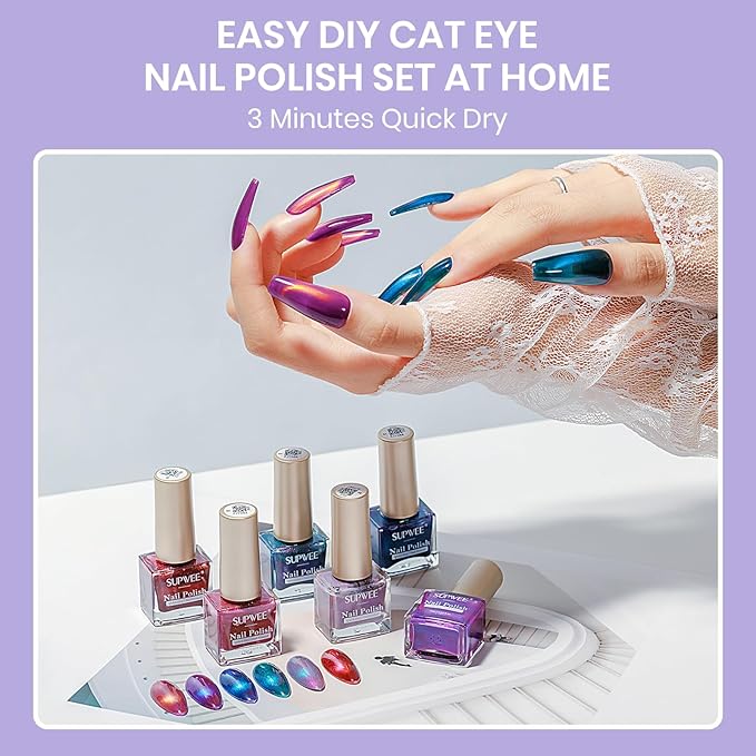 Cat Eye Nail Polish Set, Quick Dry Magnetic Nail Polish Non Gel with Magnet, Multi-Color Holographic Glitter Cateye Nail Lacquer High Glossy DIY Salon Gift for Women Girl