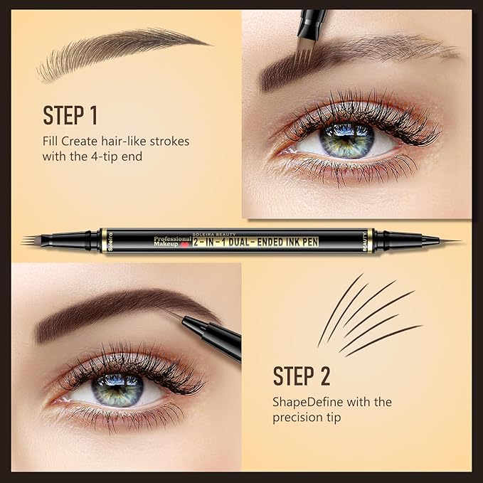 Eyebrow Pen, Soleira Waterproof Eyebrow Pencil with 4 Tip Microblading Eyebrow Pen and Dual-ended Eyebrow Brush, for Natural-Looking Brows, Long-Lasting, Chocolate Brown