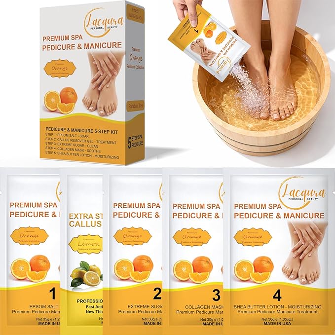 Deluxe Pedicure Kit 5 Step Spa Set – Epsom Salt Soak, Callus Remover Gel, Sugar Scrub, Collagen Mask & Shea Butter Lotion – Professional At Home Foot Care (Orange, 01 Set)