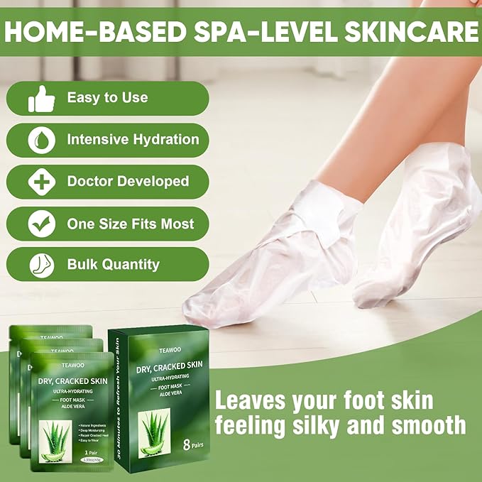 TEAWOO 24 Pairs Moisturizing Foot Masks with Aloe Vera Extract & Jojoba Oil, Intensely Hydrating Foot Mask For Dry Cracked Feet, Moisturizing Socks for Cracked Heel Treatment