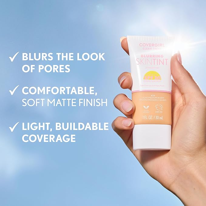 COVERGIRL Clean Fresh Blurring Skin Tint with SPF 30, 445 Medium/Rich Warm, Liquid Foundation, Soft Matte Finish, Smooths, Brightens, Blurs Pores, Mineral Sunscreen, Vegan Formula