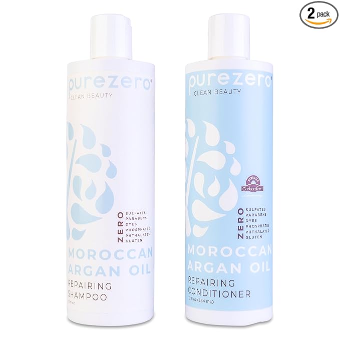 Purezero Moroccan Argan Oil Shampoo & Conditioner set - Repair Damaged Hair - Fight Dandruff & Frizz - Zero Sulfates, Parabens, Dyes, Gluten - 100% Vegan & Cruelty Free - Great For Color Treated Hair