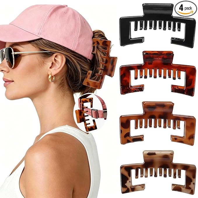 4 Pcs Large Hats Claw Clips for Women, Hat-Friendly Hair Clips for Trucker Hats and Baseball Caps, Tortoise Shell Non-Slip Strong Hold Hair Claw Clips for Thick Thin Hair