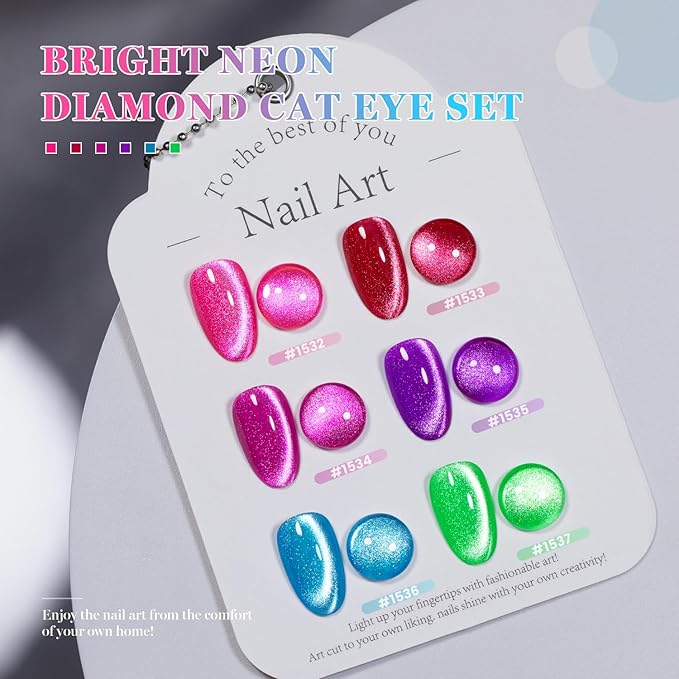 RARJSM Neon Cat Eye Gel Polish Set 6 Pcs Sparkle Diamond Glitter Hot Pink Rose Red Fuchsia Purple Ocean Navy Blue Green Fluorescent Velvet Ice Cateye Gelpolish with Magnet Stick Curing Requires