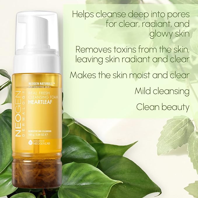 DERMALOGY by NEOGENLAB NEOGEN Real Fresh Cleansing Foam, Heartleaf 5.64 oz (160g) - Vegan, Cruelty Free, Soothing Cleanser for Sensitive Skin - Korean Skin Care