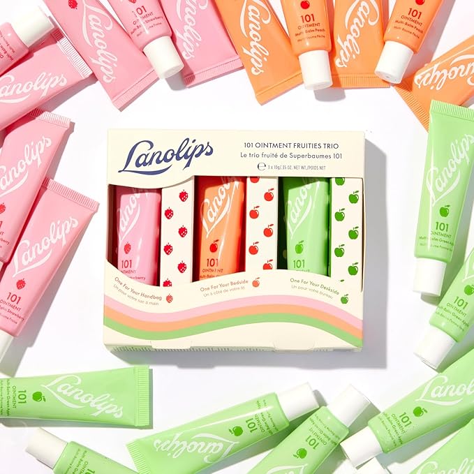 Lanolips 101 Ointment Fruities Trio - Fruity Lip Balm Gift Set & Stocking Stuffer - Strawberry, Peach & Green Apple Flavored Lip Moisturizer for Dry Lips - Dermatologist Tested (10g / 0.35oz each)