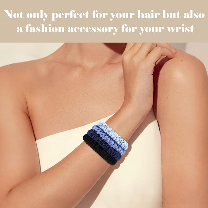 Scrunchies Hair Ties Silk Satin Scrunchy, WantGor Women 4PC Pure Mulberry Silk Skinny Elastic Scrunchies Hair Bands Bracelets Ponytail Holders Hair Accessories (Black,Blue,Navy,Lake Blue)