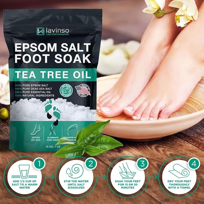 Tea Tree Oil Foot Soak with Epsom Salt - Made in USA - for Toenail Health, Athletes Foot, Stubborn Foot Odor, Softens Calluses & Soothes Sore Tired Feet - 1 LB