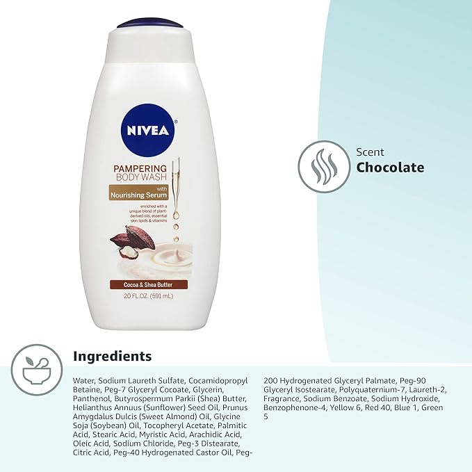 Nivea Pampering Cocoa and Shea Butter Body Wash with Nourishing Serum, Moisturizing Body Wash for Women, Enriched with Provitamin B5 and Vitamin E, 20 Fl Oz Bottle (Pack of 3)