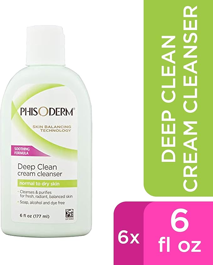 Phisoderm Deep Cleaning Cream Cleanser for Normal to Dry Skin 6 (177 ml) alcohol free soap free dermatologist tested facial wash (Packaging May Vary) (5210), 36 Fl Oz (Pack of 6)