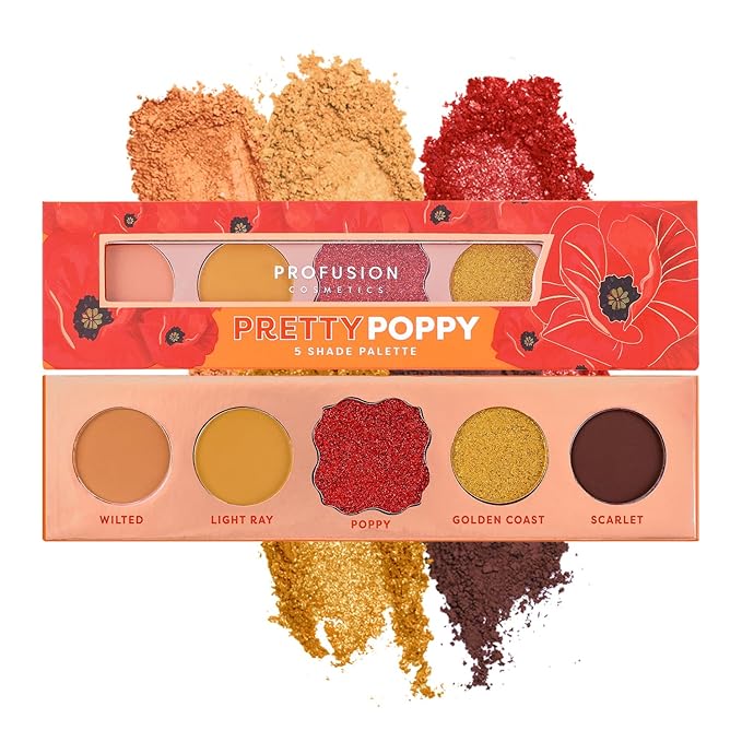 Profusion Cosmetics 5-Shade Mini Eyeshadow Palette - Highly Pigmented with Matte & Shimmer Finishes, Blendable Travel-Friendly Kit, Vegan & Cruelty-Free Makeup (Pretty Poppy)