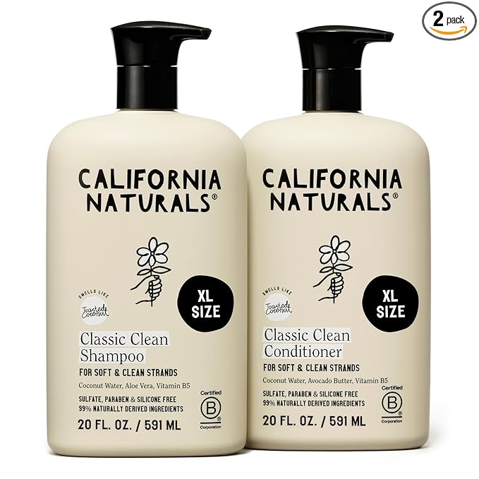 California Naturals Classic Clean Toasted Coconut Shampoo and Conditioner Set, Hair Care for Women & Men, Natural, Vegan, Cruelty, Silicone, Paraben, and Sulfate Free Shampoo, Color Safe, 20 Fl Oz