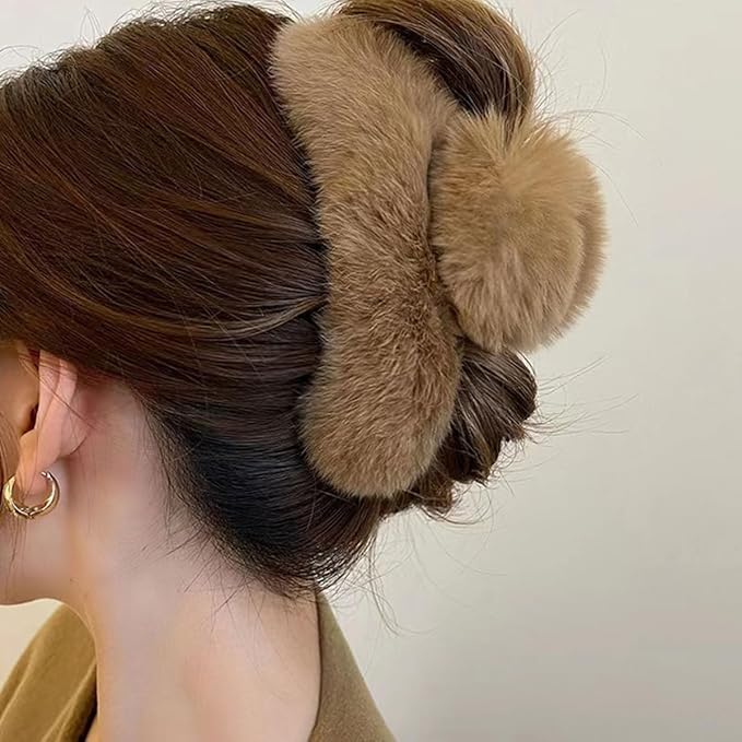 YOYLMAL Large Faux Fur Hair Claw Clip for Women, 5.1 Inches Winter Fluffy Fuzzy Hair Clips, Nonslip Strong Hold Furry Big Jaw Clamp for Thick Long Hair (Coffee)