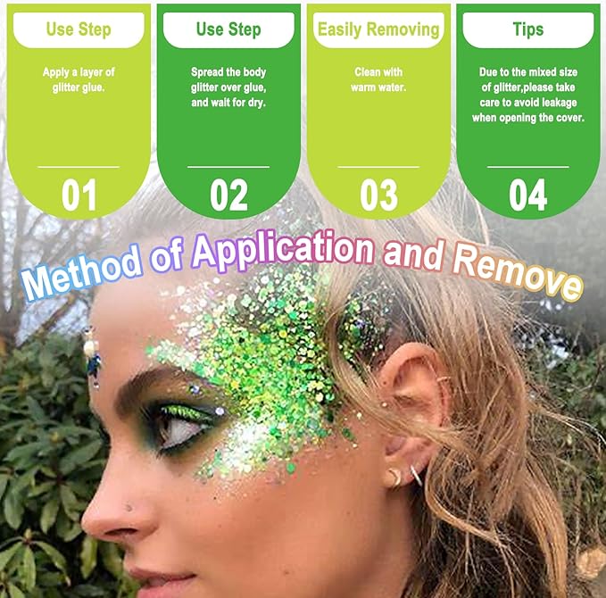 Laza 2 Jars St. Patrick’s Day Body Glitter Iridescent Chunky Sequins with Glitter Glue Women Eyeshadow Makeup Face Paint Festival Rave Outfits Hair Accessories Carnival Party Costumes - Lush Clove