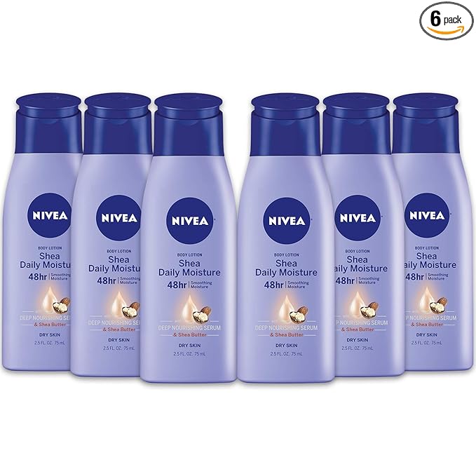 NIVEA Shea Nourish Body Lotion for Dry Skin with Hyaluronic Acid, Shea Butter and Deep Nourishing Serum, 48-Hour Body Moisturizer, 2.5 Fl Oz Bottle, Pack of 6
