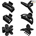 6 Pack Matte Non-Slip Hair Accessories - Claw Clips in Black for Thin and Thick Hair, Ranging from 1.85-4.5 Inches, Featuring Flower, Banana, and Butterfly Designs for Women and Girls