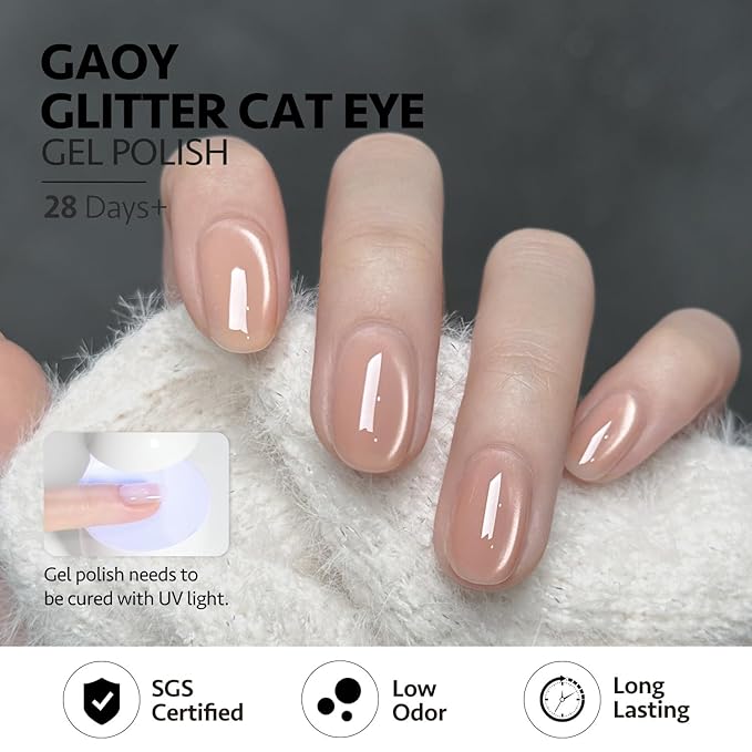 GAOY Cat Eye Gel Nail Polish Set with Magnet for Pink Brown Glitter Holographic Cat Eye, Salon Gel Manicure and Nail Art DIY at Home, Bright Moonlight
