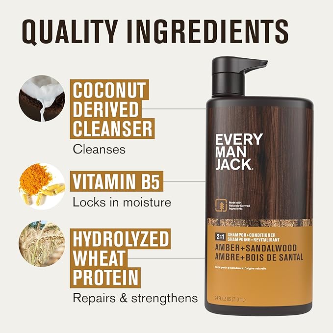 Every Man Jack 2-in-1 Shampoo + Conditioner for Men - Amber + Sandalwood | Nourishing For All Hair Types, Naturally Derived, Cruelty-Free | Cleanse + Moisturize | 24oz -1 Bottle
