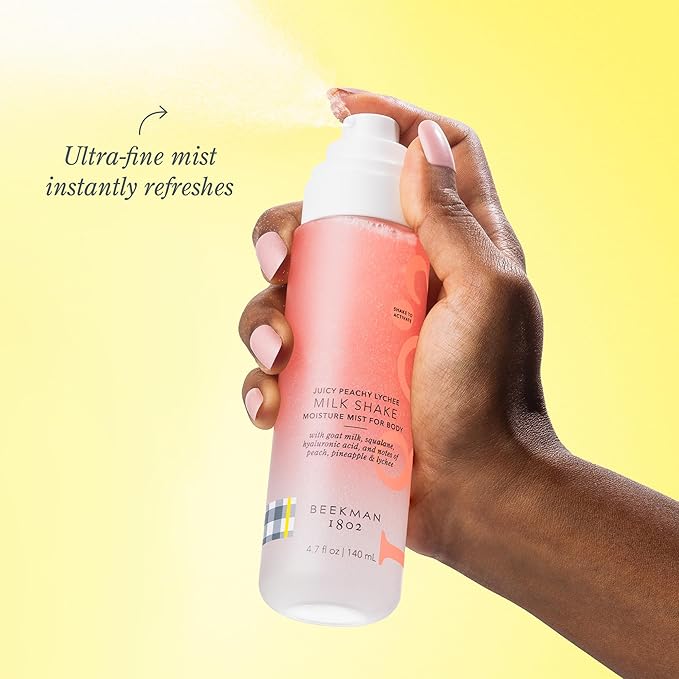 Beekman 1802 Milk Shake Hydrating Body Mist – Alcohol-Free Moisture with Goat Milk, Hyaluronic Acid & Squalane, Lightweight Skin Softening Spray for Sensitive Skin – Juicy Peachy Lychee, 4.7 Fl Oz