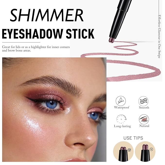 Shimmer Cream Eyeshadow, Plum Eye Shadow Stick Long-Lasting Waterproof, Mauve Purple Metallic Eyeshadow for Older Women Buildable High Pigmented Eyes Crayon Highlighter Makeup