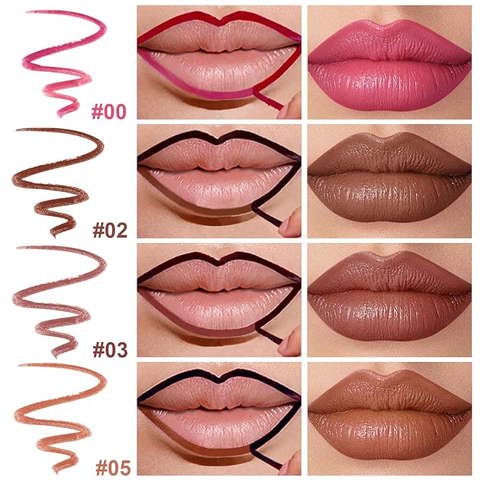 4 Colors Peel Off Lip Liner Stain Set for Women, Long Lasting Waterproof Non-Fading Matte Finish Lip Tint Stains with Tweezer Kit for All Skin Type, Up to 12 Hours (#00, 02, 03, 05)