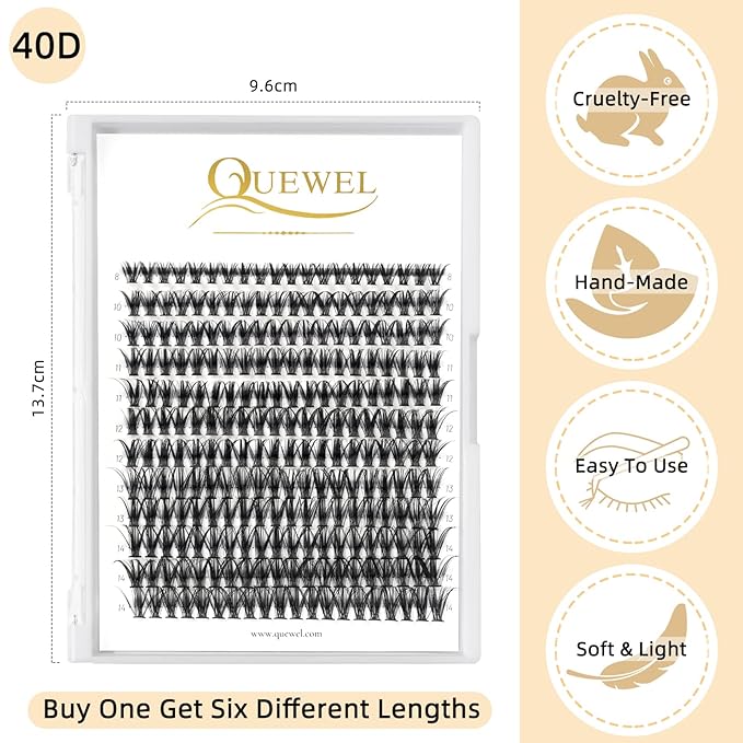 QUEWEL Cluster Lashes 240Pcs Individual Lashes 40D 0.07D Curl Mix8-14mm Lash Extensions Clusters Lash Soft&Natural False Eyelashes Individual DIY Eyelash Extension at Home(40D 0.07D MIX8-14)