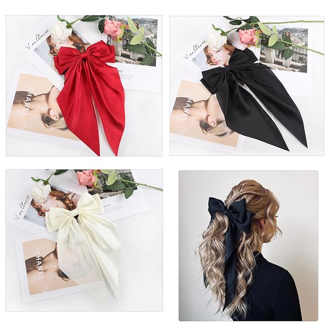 Silky Satin Oversized Long-tail Bow Clip, Large Black Hair Bow for Women Girl, Hair Accessories with Long Tail, 2Pcs
