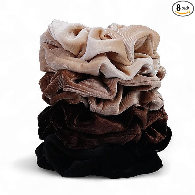 Velvet Scrunchies for Women – 8PCS Neutral Large Hair Ties – Black, Blonde, Dark Brown, Light Brown – No Crease, Frizz-Free, Soft & Gentle Elastic Hair Bands, Everyday Hair Accessories Gifts
