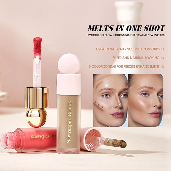Liquid Contour,Liquid Highlighter, Blush with Face Brush Long Lasting Smooth Lightweight Smudge Proof Contour+ Blush+ Highlighter