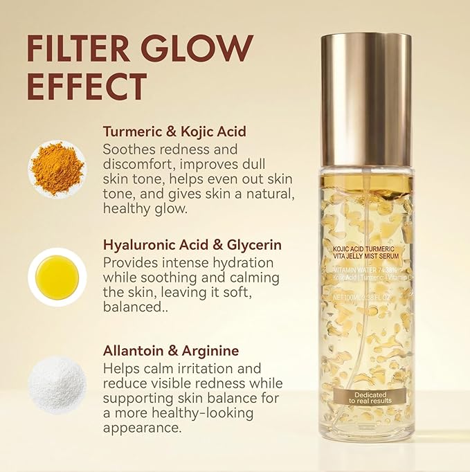 Jelly Serum Mist with Kojic Acid & Turmeric, 3-in-1 Hydrating Face Glow Spray with Turmeric, Vitamin C & Hyaluronic Acid, Sprayable Hydrogel for Even Tone, All Skin Types, 3.38 fl.oz