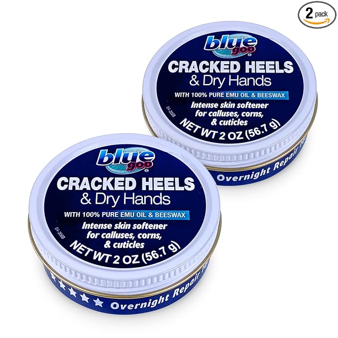 Blue Goo Cracked Heels & Dry Hands Skin Protectant, Helps Relieve & Protect Cracked Skin, OTC Lanolin Formula, 2 oz (2 Pack), Made with Emu Oil & Beeswax