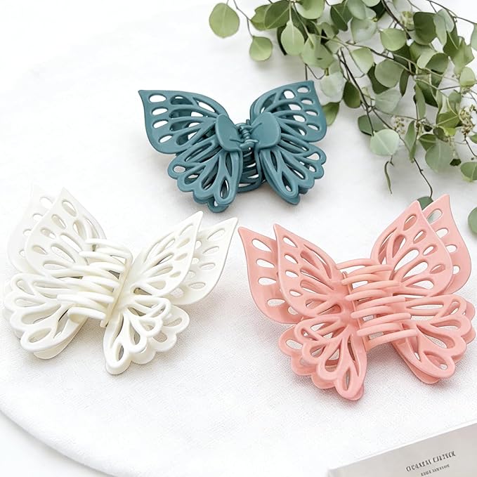 3 Pcs Large Matte Butterfly Hair Clips, Strong Hold Non-Slip Hollow Hair Clips Made to Manage Thick Hair, Multi-Color Barrettes for Women & Girls (Pink, White, Blue)