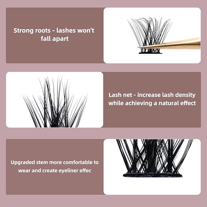 QUEWEL Cluster Lashes 72 Pcs Wide Stem Individual Lashes C/D Curl 8-16mm Length DIY Eyelash Extension False Eyelashes Fluffy02 Styles Soft for Personal Makeup Use at Home (Fluffy02-D-MIX8-16)