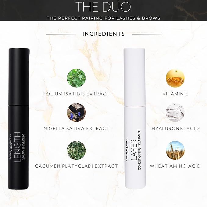 Sarah Maxwell Beauty DUO: Lash Growth & Brow Enhancer with Natural Extracts - LENGTH Serum for Longer, Thicker Appearance & LAYER Keratin Treatment for Strengthening and Conditioning