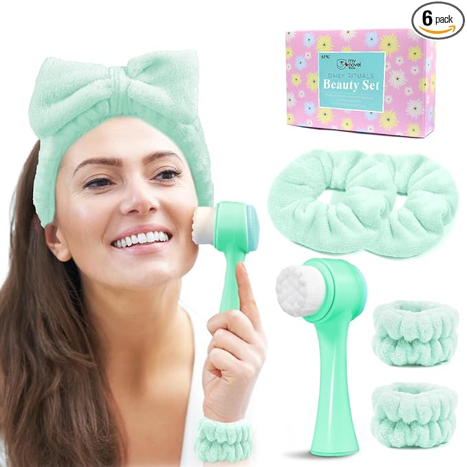my novel things Facial Cleansing Brush, Spa Headband for Washing Face, Skincare Headband and Wristband Set, 2-in-1 Skin Care face Brush, Come with a Hair Scrunchie, for Massaging Makeup Skincare-Blue