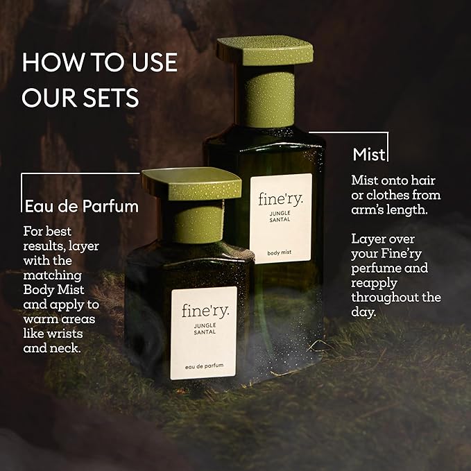 Fine'ry Jungle Santal Eau De Parfum & Body Mist Gift Set | Earthy & Woody Notes Of Papyrus Wood & Black Oolong Tea | Fine Mist Spray & Perfume For Women | Fragrance Layering Duo (2oz + 5oz)