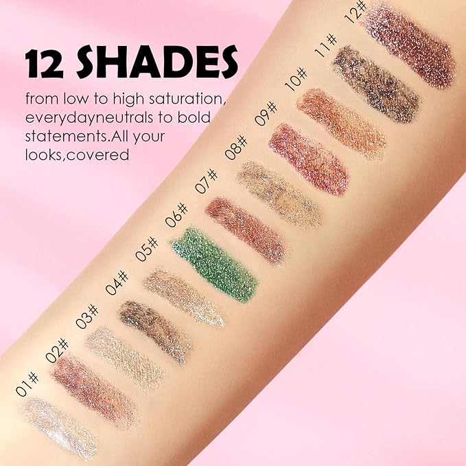 MODIDSTU12 Colors Glitter Eyeliner, Waterproof Sparkle Liquid Eyeliner Pen, Diamond Shine Festival Makeup, Long-Lasting Shimmer Eye Liner for Party, Wedding set (03)