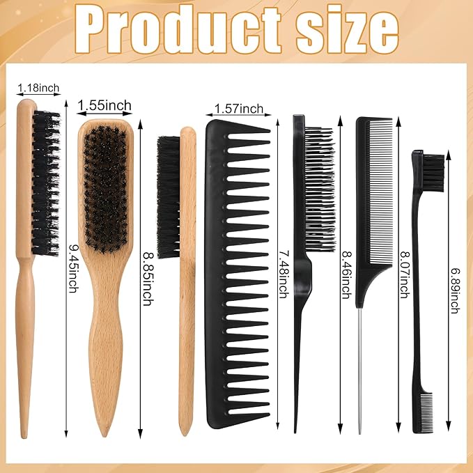 6PCS Boar Bristle Slick Back Hair Brush with Edge Brush Rat Tail Comb, Wide Tooth Comb for Men Women