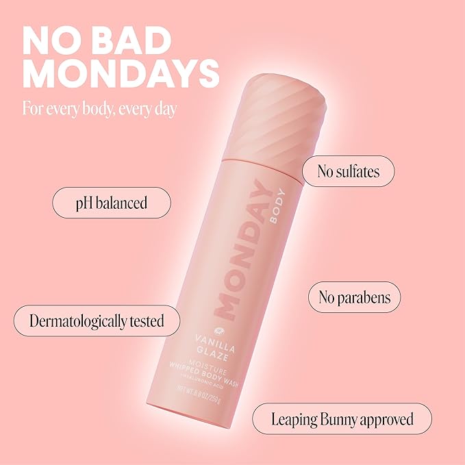 MONDAY HAIRCARE MOISTURE Whipped Body Wash in Vanilla Glaze Scent with Hyaluronic Acid for All Skin Types, 8.8 oz(Pack of 2)