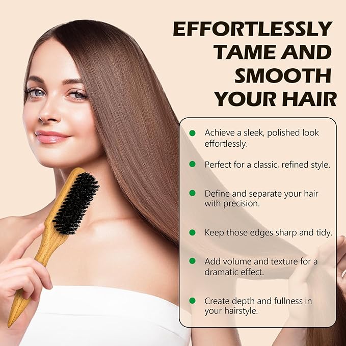 Slick Back Hair Brush Set Teasing Boar Bristle Brush, Hair Wax Stick, Edge Brushes, Rat Tail Comb, Teasing Comb, Wooden Slickback Hairbrush Accessories, Smoothing Combs for Women & Kids (5PCS)