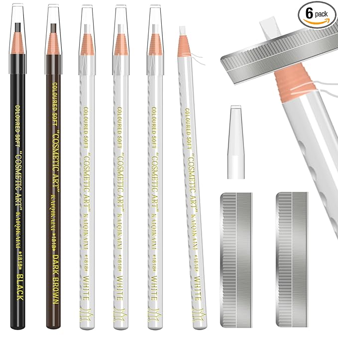 KAIQIKAIXI 6Pcs White Waterproof Eyebrow Pencils Makeup Set For Marking, Filling And Outlining, Tattoo Makeup And Microblading Supplies Kit-Hard Refills Are Easy To Color (White)