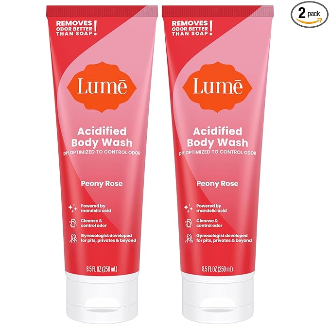 Lume Acidified Body Wash - 24 Hour Odor Control - Removes Odor Better than Soap - Moisturizing Formula - Formulated Without SLS or Parabens - OB/GYN Developed - 8.5 ounce (Pack of 2) (Peony Rose)