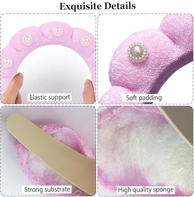 Spa Headbands Puffy Makeup Skincare Headbands for Washing Face or Facial, Terry Cloth Fabric Hairbands for Makeup Removal Shower Skin Treatment(Pink, Pearl)
