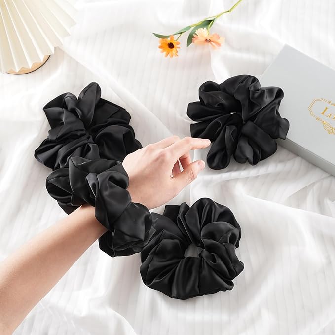 Lolalet Big Satin Scrunchies for Women, 5.9 Inch Large Oversized Scrunchie, Soft Jumbo/Giant Scrunchies Hair Ties for Thick & Curly Hair -4 Pack, All black