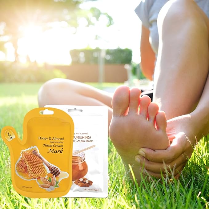 Elitzia Foot Mask Hand Mask Hydrating 10 Packs Honey Almond Extract Gloves Socks Masks Intensive Moisturizing Repairing Masks Spa Skin Care Women for Dry Cracked Hands Feet Self Care ETHHM