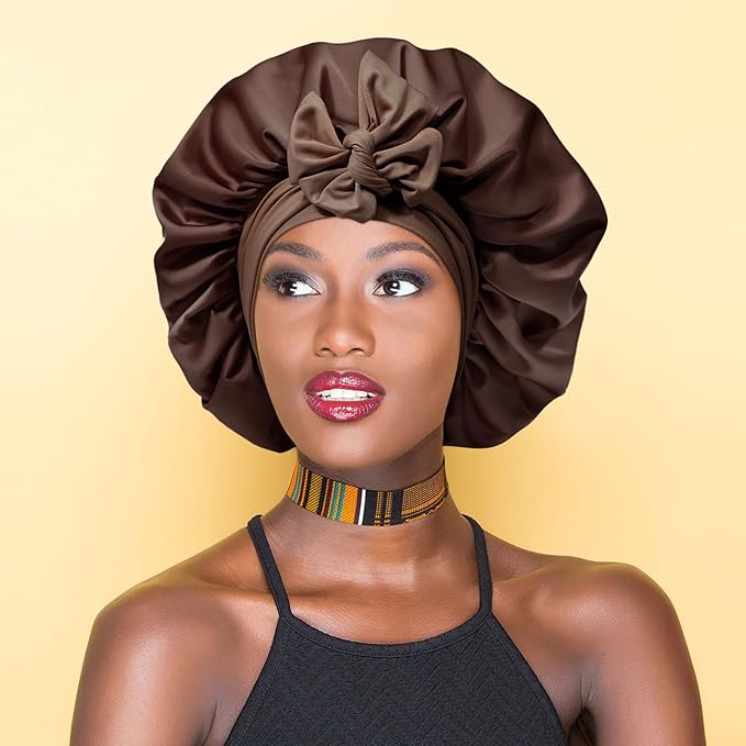 AWAYTR Satin Bonnet for Women, 2-Layer Large Sleep Cap with Adjustable Drawstring, Brown Includes 3 Hair Scrunchies