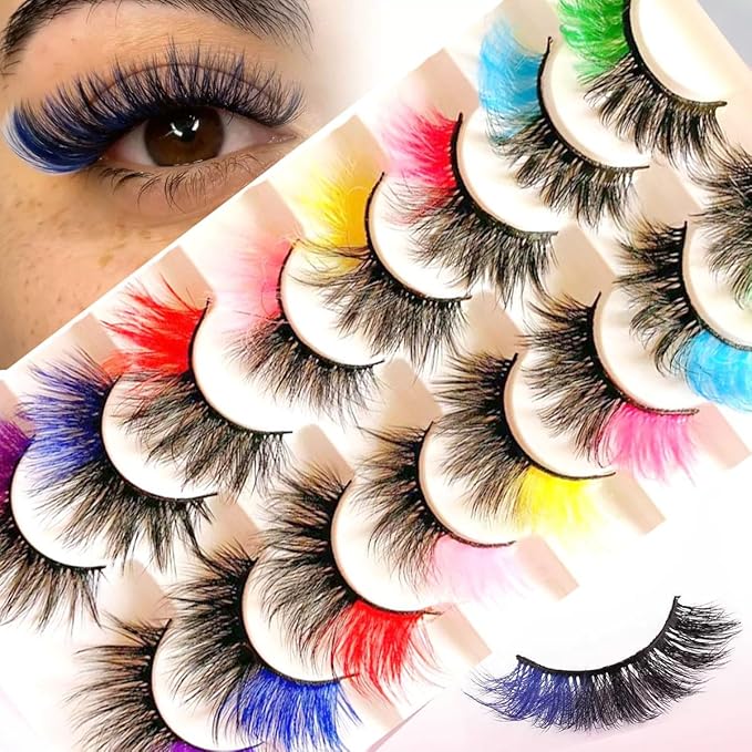 Sunniess Ombre Colored Lashes Silk Protein Fluffy Wispy Volume Fake Lashes for Halloweens Cosplay Party Stage Lashes with Color Make up Faux Mink False Eyelashes